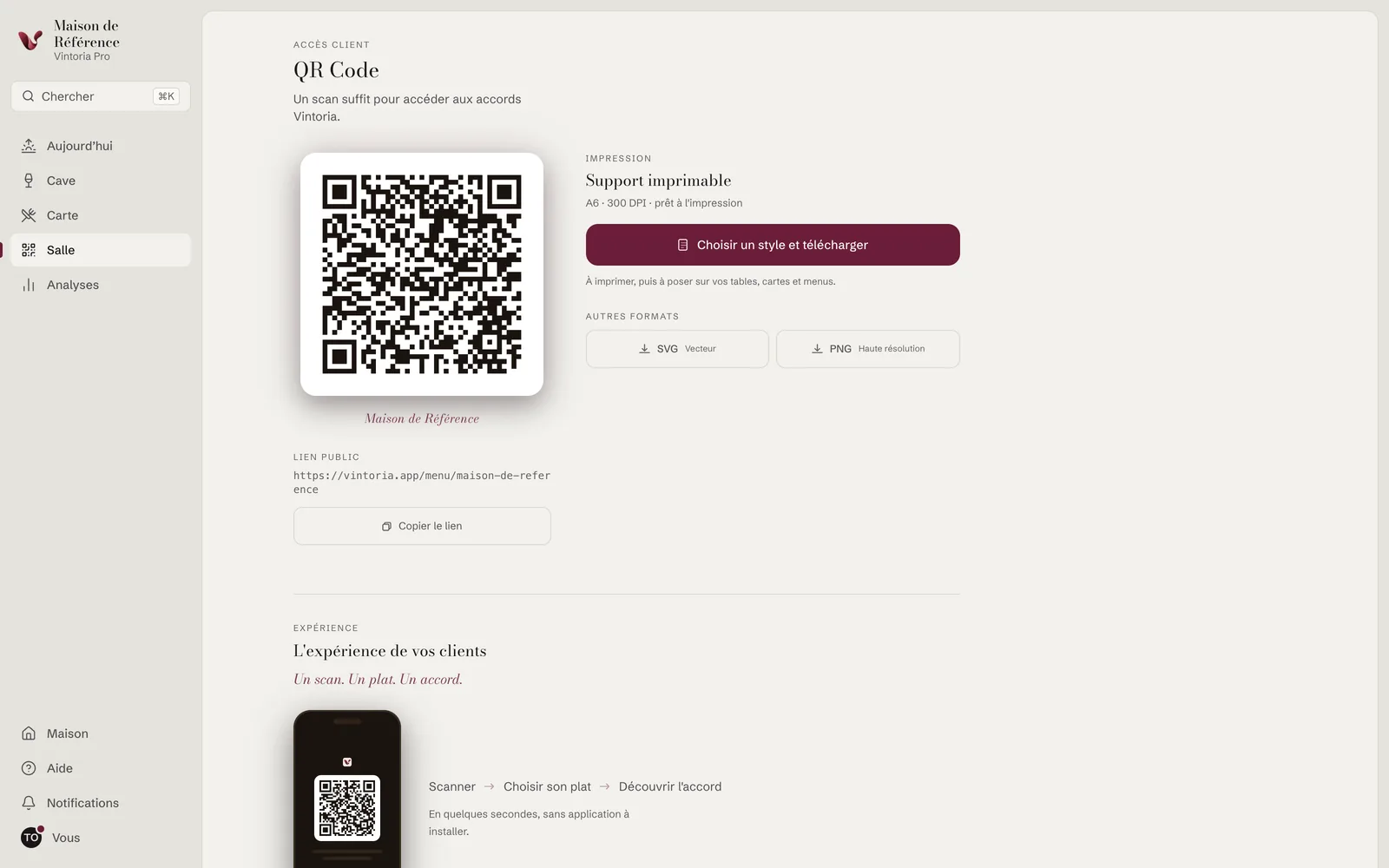 Vintoria Pro, écran Salle : le QR code d’accès client, son lien public, le support imprimable en A6, et le parcours — scanner, choisir son plat, découvrir l’accord.
